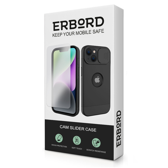 ERBORD MagSafe Cam Slider tok, fekete + képernyővédő üveg iPhone 13 / iPhone 14 készülékekhez