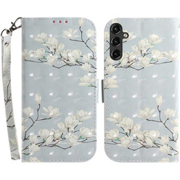 Pattintható tok a Samsung Galaxy A14 4G/5G, Wallet, flowers magnolia, fehér