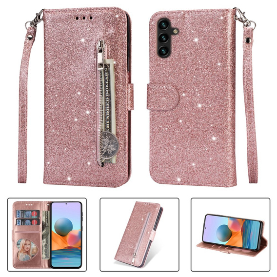 Pattintható tok a Samsung Galaxy A35 5G, Wallet Zipper Pocket Glittery, rózsaszín rose gold