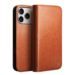 QIALINO valódi marhabőr flip tok iPhone 17 Pro Max készülékhez, barna