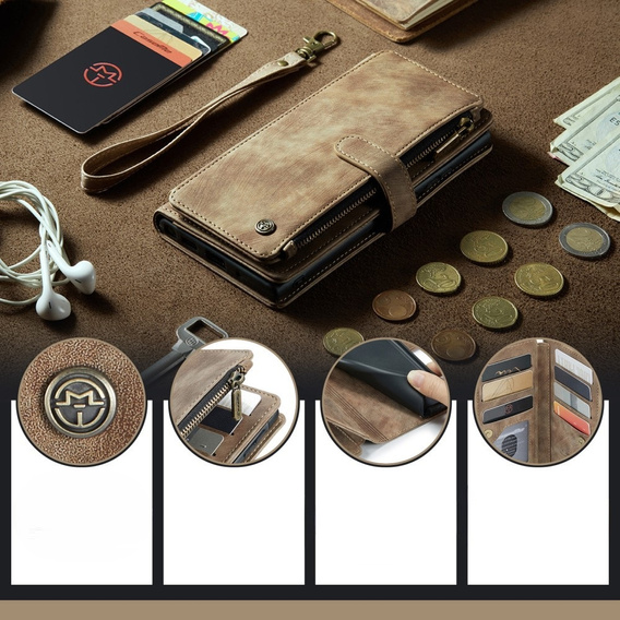 CASEME tok Samsung Galaxy A56 5G, Leather Wallet Cash and Card Slots, pánttal, barna