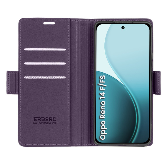 Tok Oppo Reno 14 F / 14 FS, ERBORD Glossy Litchi, pénztárca patenttal, lila