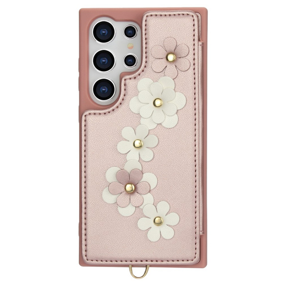 Tok Samsung Galaxy S24 Ultra, Leather Flower Card Slot, rózsaszín