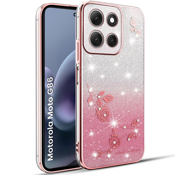Tok Motorola Moto G86 5G, Glitter Flower, rózsaszín rose gold