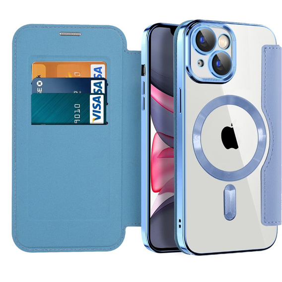 Pattintható tok a iPhone 15 Plus, RFID Wallet MagSafe CamShield, kék