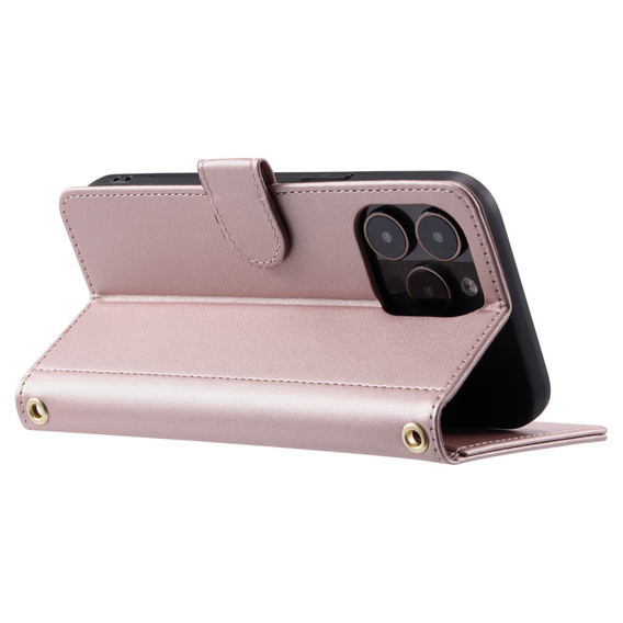 Flap tok iPhone 16 Pro Max, Rhombus Crossbody Leather, rózsaszín rose gold