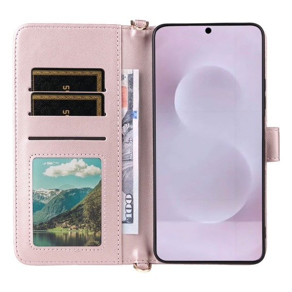 Tok patenttal a Samsung Galaxy S25 Edge-hez, Crossbody Leather Wallet, rózsaszín