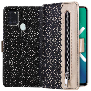 Flap tok Samsung Galaxy A21S, Wallet Pocket Zipper Lace, fekete