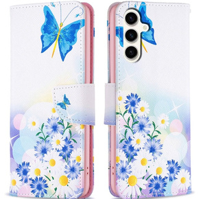 Pántos tok Samsung Galaxy S23 FE, pénztárca, pillangó és virágok, fehér