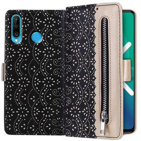 Pattintható tok a Huawei P30 Lite, Wallet Zipper Lace Case, fekete