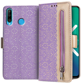 Pattintható tok a Huawei P30 Lite, Wallet Zipper Lace Case, lila