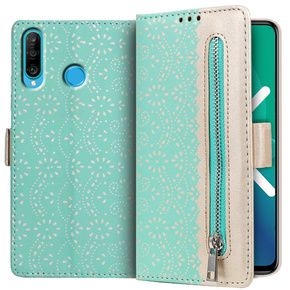 Pattintható tok a Huawei P30 Lite, Wallet Zipper Lace Case, zöld