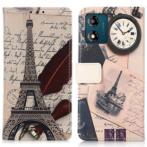 Pattintható tok a Motorola Moto E13, Wallet, Eiffel Tower, fehér