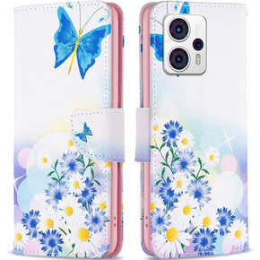 Pattintható tok a Motorola Moto G53 5G / G23 / G13, Wallet, butterfly & flowers, kék