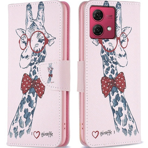 Pattintható tok a Motorola Moto G84 5G, Wallet, giraffe, rózsaszín