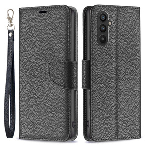 Pattintható tok a Samsung Galaxy A25 5G, Wallet Litchi Leather, fekete + 9H üveg