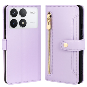 Pattintható tok a Xiaomi Poco F6 Pro, Wallet Zipper Pocket, lila