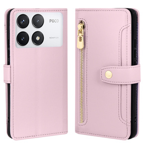 Pattintható tok a Xiaomi Poco F6 Pro, Wallet Zipper Pocket, rózsaszín