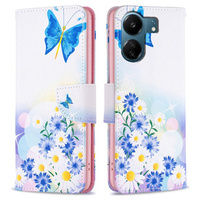 Pattintható tok a Xiaomi Redmi 13C / Poco C65, Wallet, butterfly & flowers, fehér