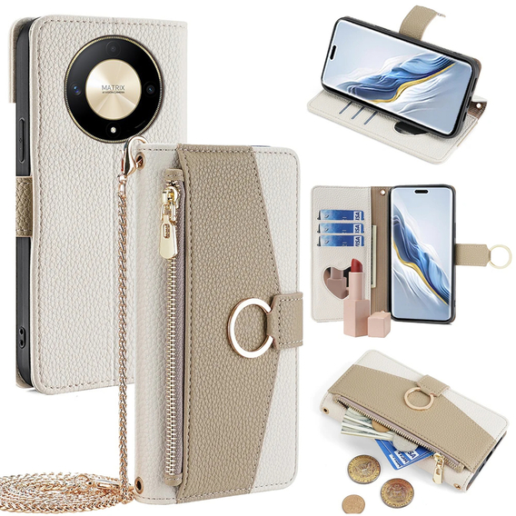 Flip tok Honor Magic 6 Lite 5G, Wallet Zipper Pocket, tükörrel, fehér