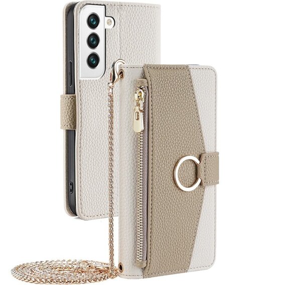 Flip tok Samsung Galaxy S22, Wallet Zipper Pocket, tükörrel, fehér