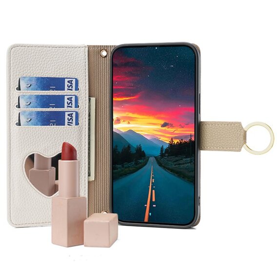 Flip tok iPhone 7 / 8 / SE (2020) / SE (2022), Wallet Zipper Pocket, tükörrel, fehér