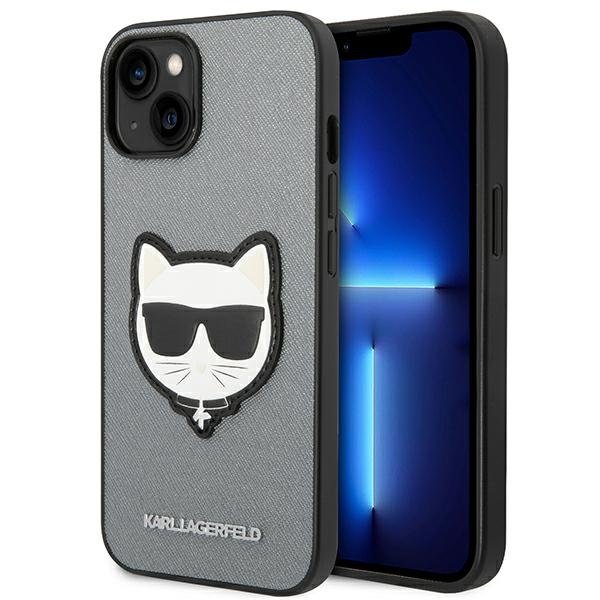 Karl Lagerfeld Telefontok a iPhone 14 Plus, Saffiano Choupette Head Patch, ezüst