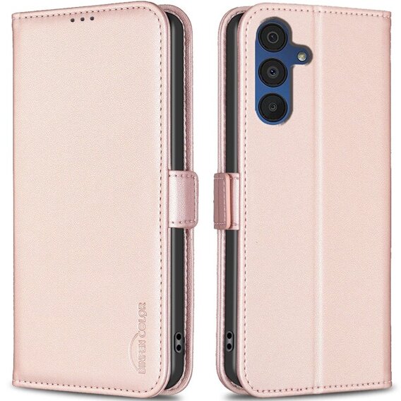 Pattintható tok a Samsung Galaxy A15, BINFEN Wallet, rózsaszín rose gold + 9H üveg 