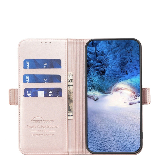 Pattintható tok a Samsung Galaxy A15, BINFEN Wallet, rózsaszín rose gold + 9H üveg 