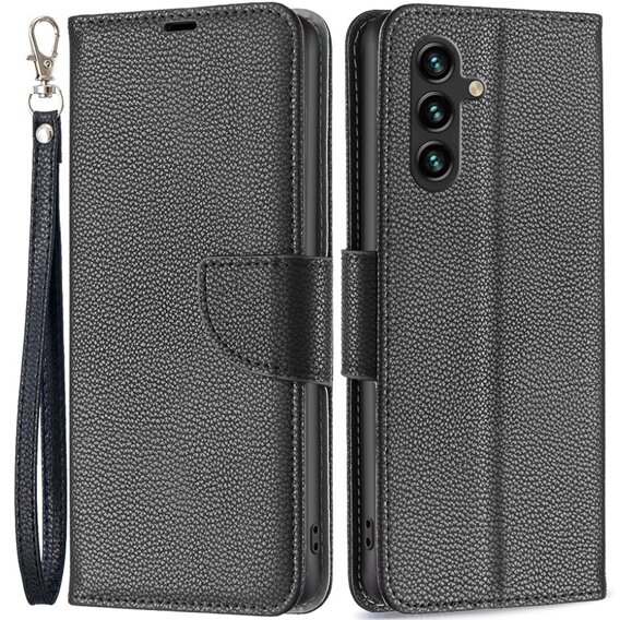 Pattintható tok a Samsung Galaxy A15, Wallet Litchi Leather, fekete + 9H üveg