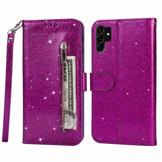 Pattintható tok a Samsung Galaxy S24 Ultra, Wallet Zipper Pocket Glittery, lila
