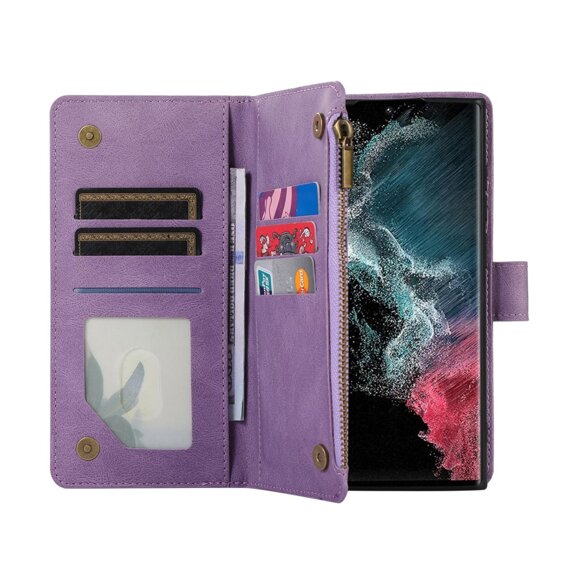 Pattintható tok a Samsung Galaxy S24 Ultra, Wallet Zipper Pocket, vállpánttal, lila