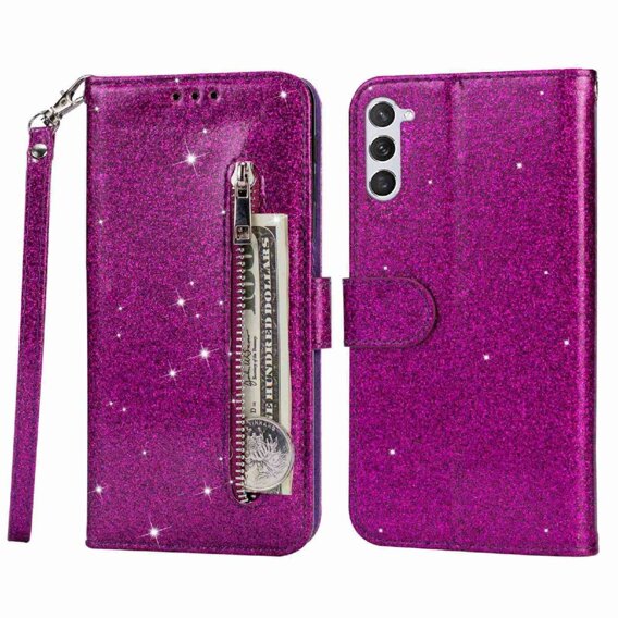 Pattintható tok a Samsung Galaxy S24, Wallet Zipper Pocket Glittery, lila