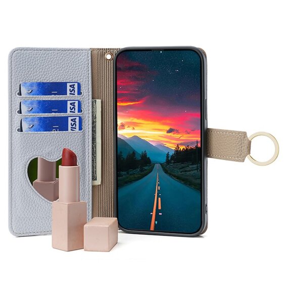 Pattintható tok a iPhone 14, Wallet Zipper Pocket, tükörrel, kék