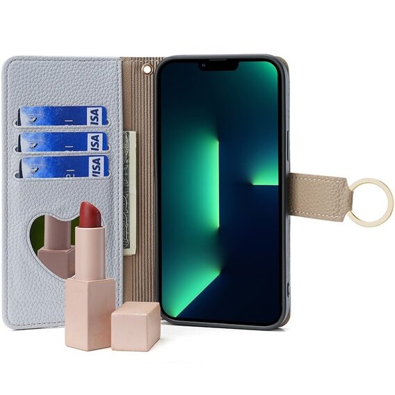 Pattintható tok a iPhone 15 Pro Max, Wallet Zipper Pocket, tükörrel, kék