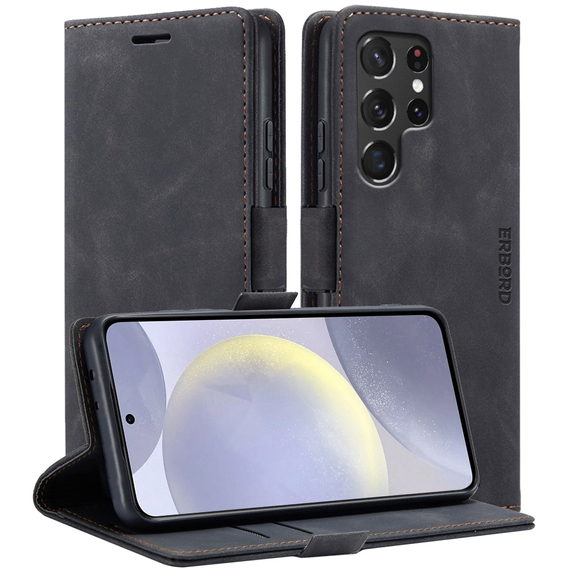 Telefontok a Samsung Galaxy S24 Ultra, ERBORD Vintage pénztárca patenttal, fekete