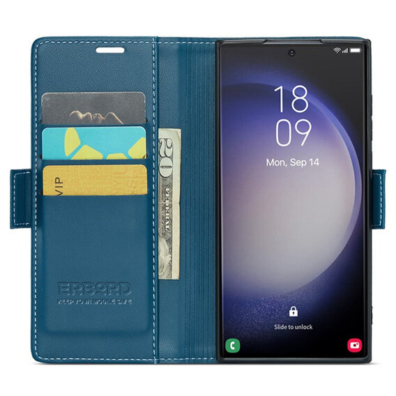 Tok Samsung Galaxy S24 Ultra, ERBORD Glossy Litchi, pénztárca patenttal, kék