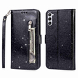 Pattintható tok a Samsung Galaxy S24, Wallet Zipper Pocket Glittery, fekete